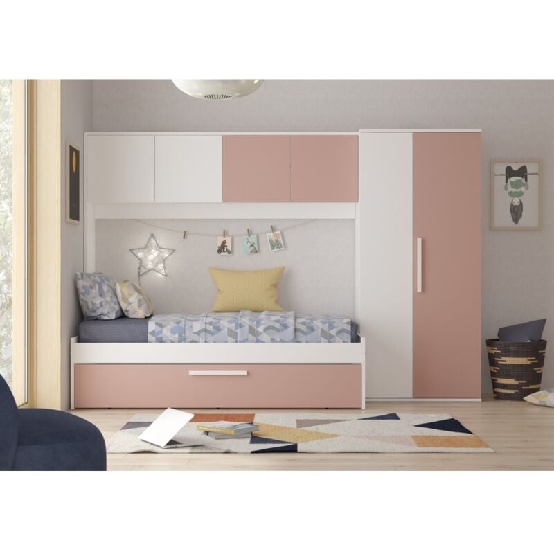 Lit pont blanc et rose 298,4x96,5x203,3 cm avec armoire
