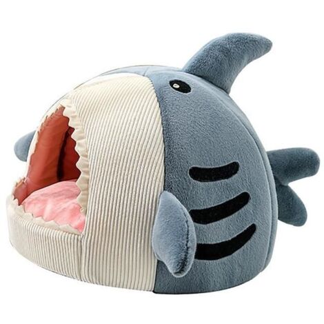 Lit pour chat en forme de requin - Maison matelas chaud et doux - Gris - Petit - Asymétrique - Intérieur