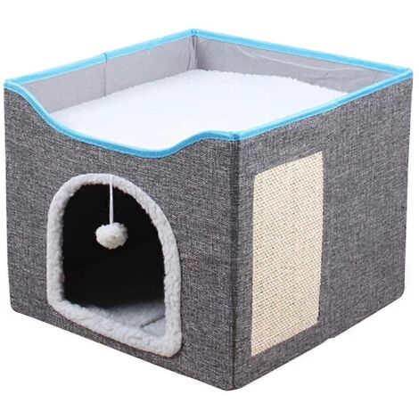 Lit pour chat, maisonnette pliable avec boule de poils et griffoir, cube pour chat ---
