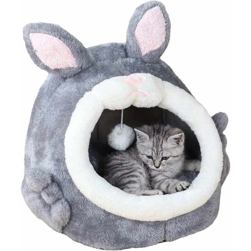 Lit pour chat, petit lit pour chien avec fond antidérapant, trou pour chat en forme de lapin avec jouet balle suspendu, nid de couchage chaud avec