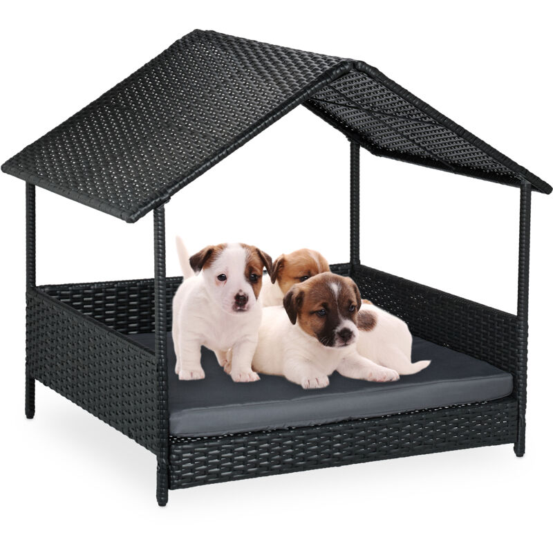 Lit pour chien avec toit, h x l x p : 81 x 90 x 68 cm, polyrattan, lit surélevé, extérieur, anthracite - Relaxdays
