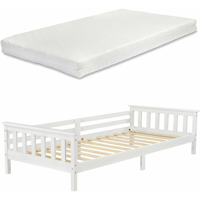 Décoshop26 - Lit pour enfant avec matelas et sommier à lattes structure en bois de pin blanc 90 x 200 cm 030005445