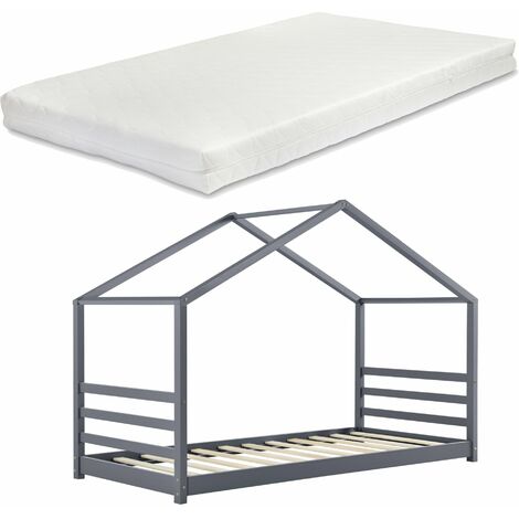 Lit pour enfant cabane maison avec matelas et sommier à lattes en bois de pin gris 90 x 200 cm 030005490