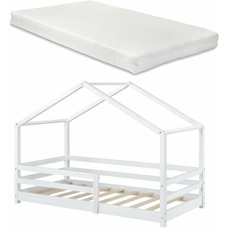 Lit pour enfant cabane maison avec matelas sommier et barrière en bois de pin blanc 90 x 200 cm 030005467