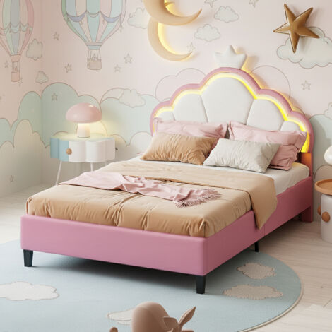 Lit pour Enfant capitonné 140x200cm, Lit de Princesse en Forme de Couronne avec LED, lit Simple/Double pour Fille tête de réglable en Hauteur et sommier à Lattes, sans Matela