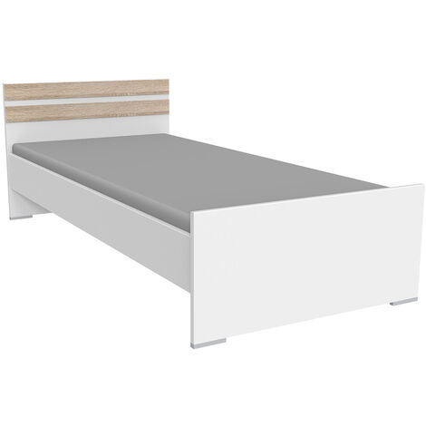 Lit pour enfant coloris Blanc, rechampis imitation chêne - Longueur 204 x Hauteur 71 x largeur 96 cm -PEGANE-