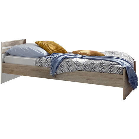 Lit pour enfant coloris Imitation chêne San Remo, rechampis blanc - Longueur 204 x Hauteur 71 x largeur 96 cm -PEGANE-