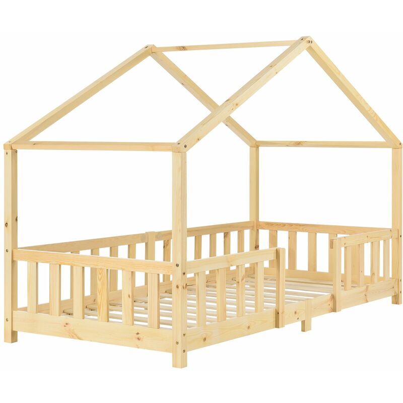 Décoshop26 - Lit pour enfant en forme maison avec barrière de protection construction solide bois de pin 200 x 90 cm 030005466