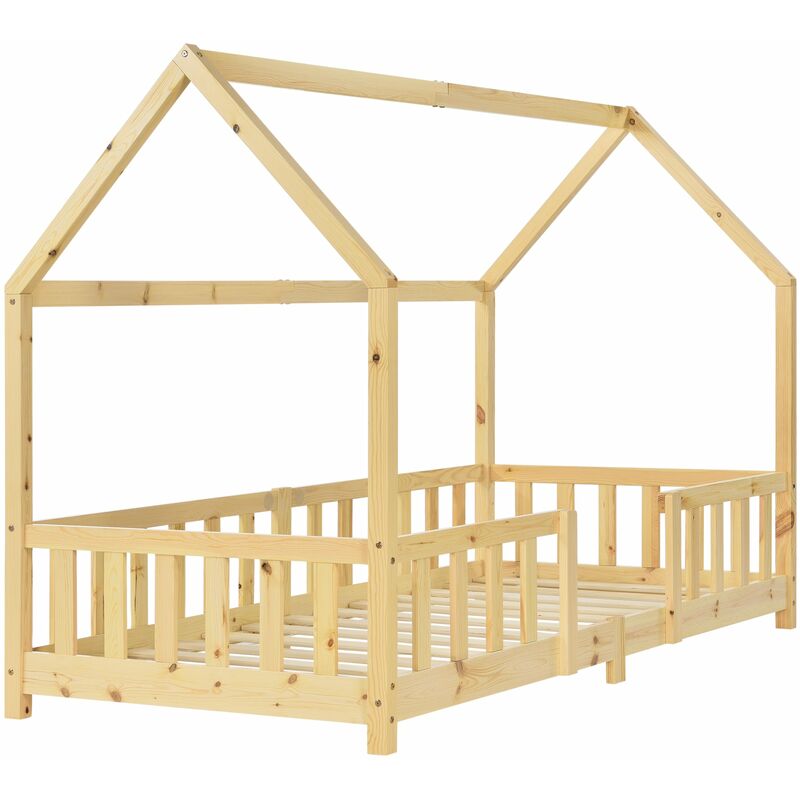 Lit pour enfant forme maison cabane avec barrière protection en bois de pin contreplaqué 90x200 cm naturel - or