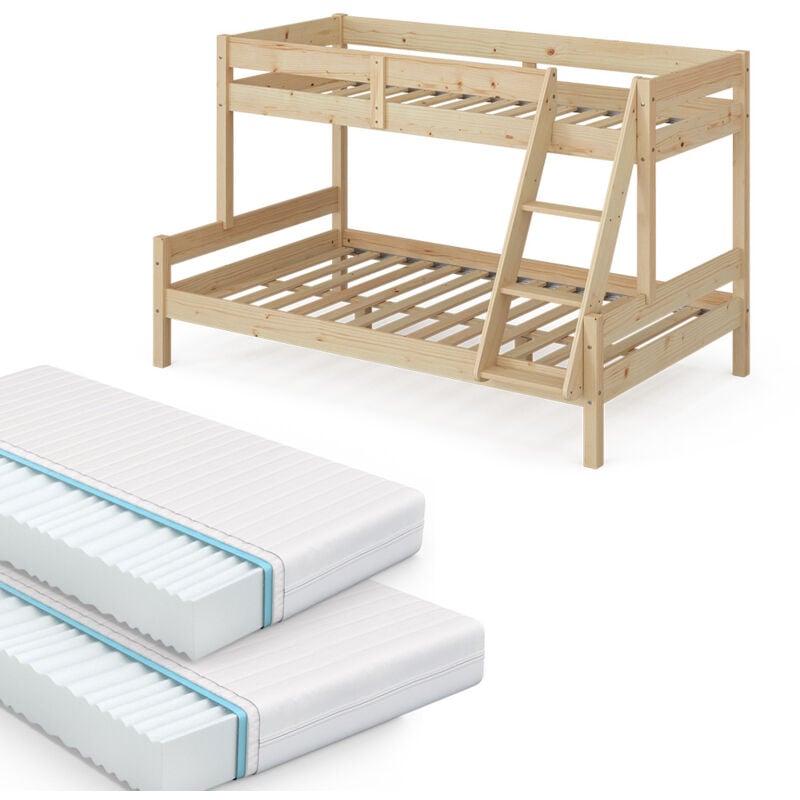 Vitalispa - Lit superposé Everest, Naturel bois, 120x200 / 80x200 cm avec 2 matelas
