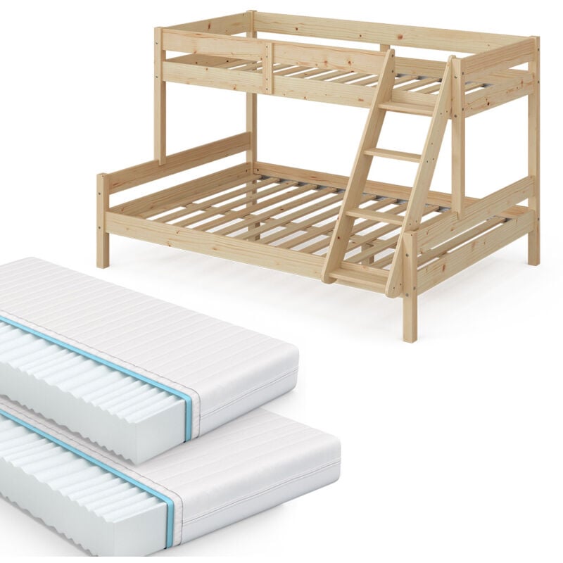 Vitalispa - Lit superposé Everest, Naturel bois, 140x200 / 90x200 cm avec 2 matelas