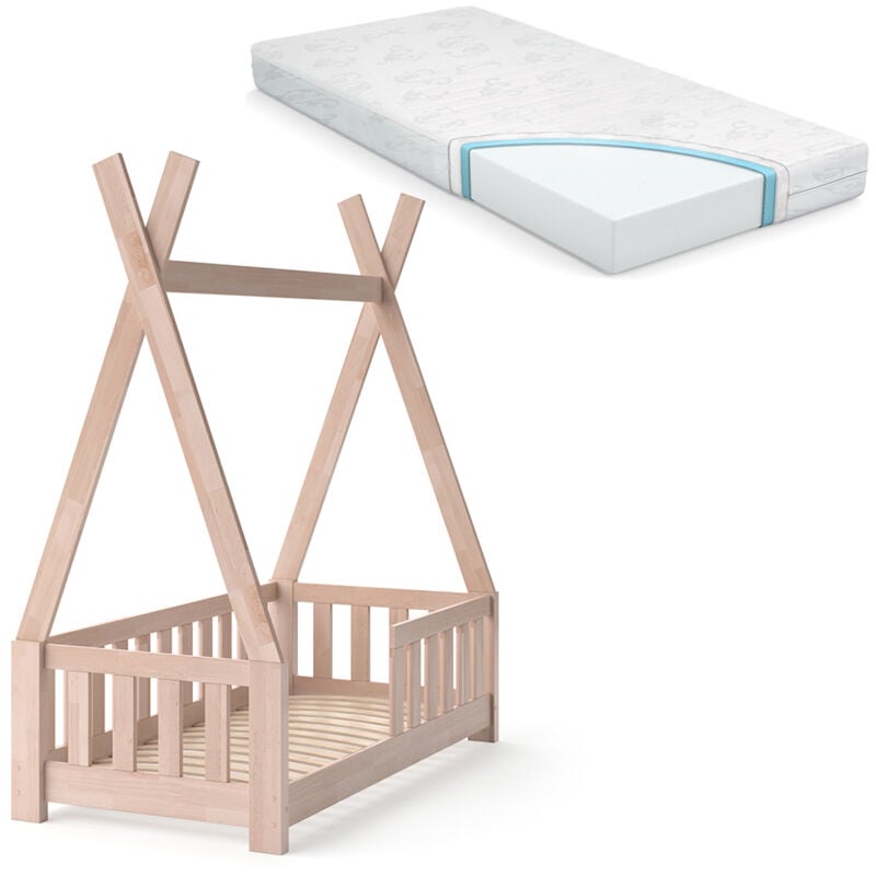 Vitalispa - Lit enfant Tipi, Marron, 70x140 cm avec clôture et matelas