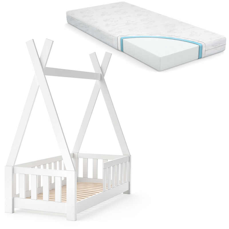 Vitalispa - Lit enfant Tipi, Blanc, 70x140 cm avec clôture et matelas