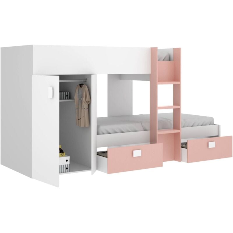 Lit pour enfants Cevedale, Chambre complète avec armoire et tiroirs, Composition de lits superposés avec deux lits simples, 271x111h150 cm, Blanc et