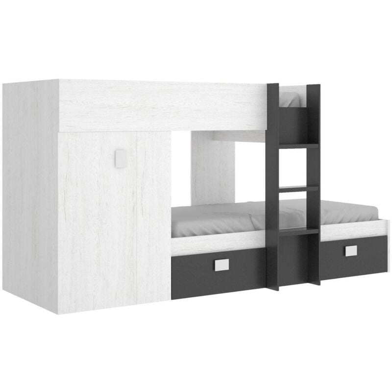 Lit pour enfants Cevedale, Chambre complète avec armoire et tiroirs, Composition de lits superposés avec deux lits simples, 271x111h150 cm, Blanc et