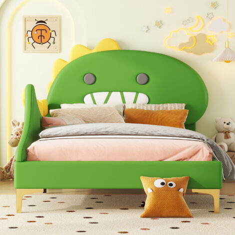 Lit pour enfants de 90×200 cm. Forme en forme de dinosaures à l’effigie des dessins animés. Lit plat. Matériau : PU. Couleur : vert.
