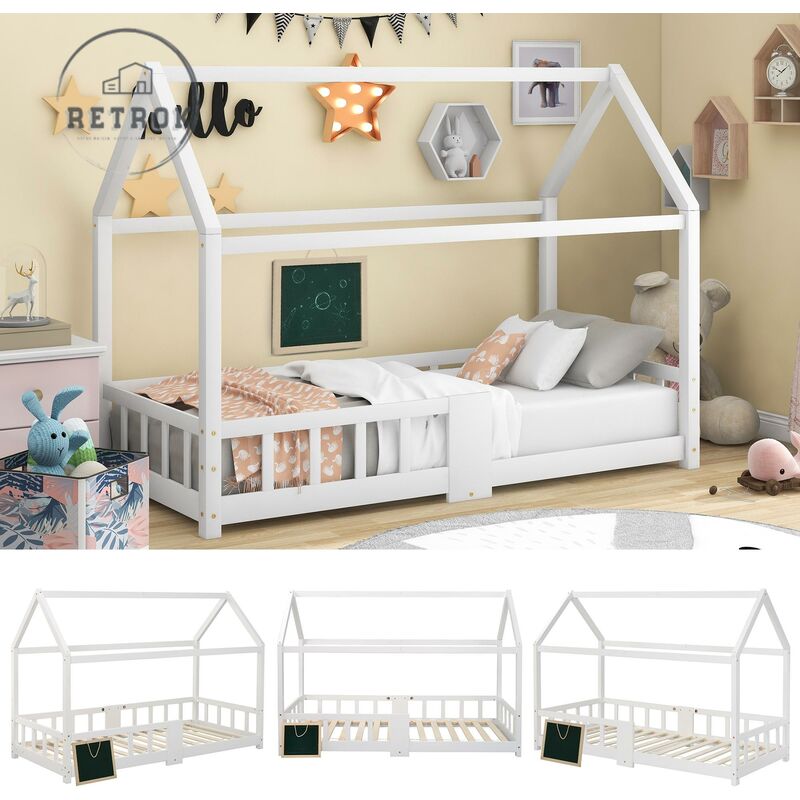 Retrok - Lit 90x200cm maison pour enfants en bois -avec sommier à lattes protection contre les chutes - Blanc