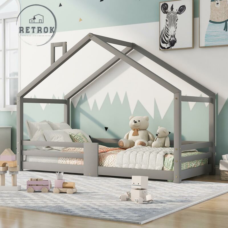 Lit 90x200cm maison pour enfants avec cheminée et protection - Sommiers à lattes en bois de pin - Gris