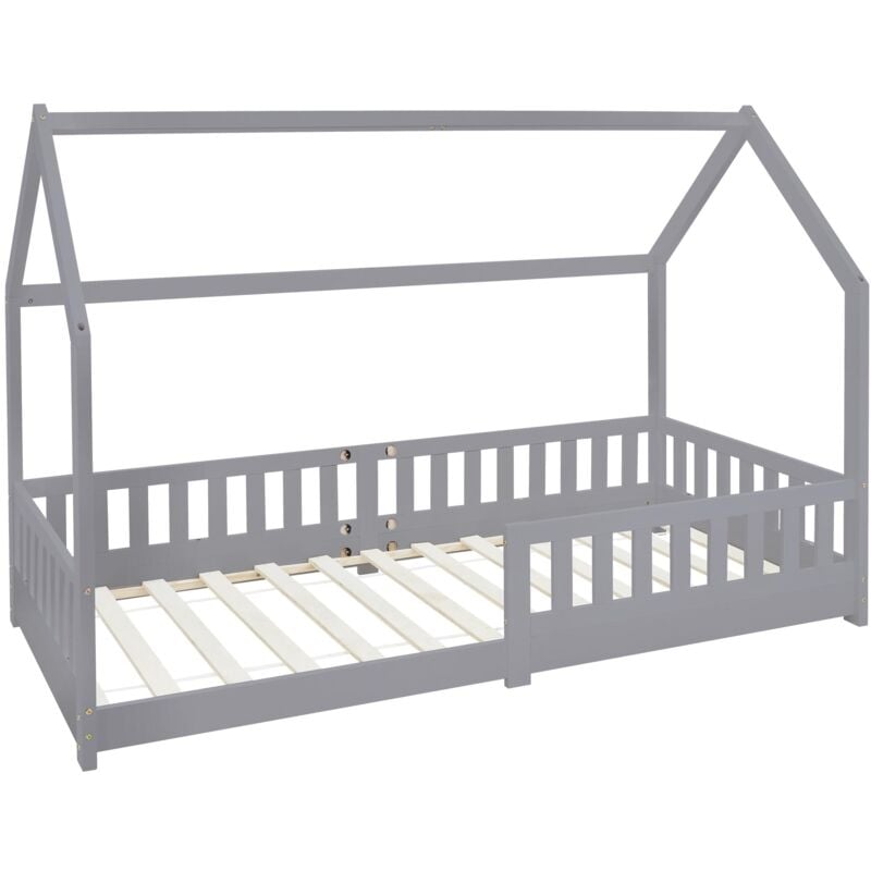 Ml-design - Lit d'Enfants Gris Clair avec Protection Contre les Chutes en Bois de Pin Massif 90x200 cm Toit et Sommier à Lattes Grille de Sécurité