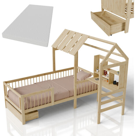 Lit pour enfants Juskys Yari - Bureau intégré, tiroir pratique, cadre en pin massif, facile d'entretien, avec matelas - naturel