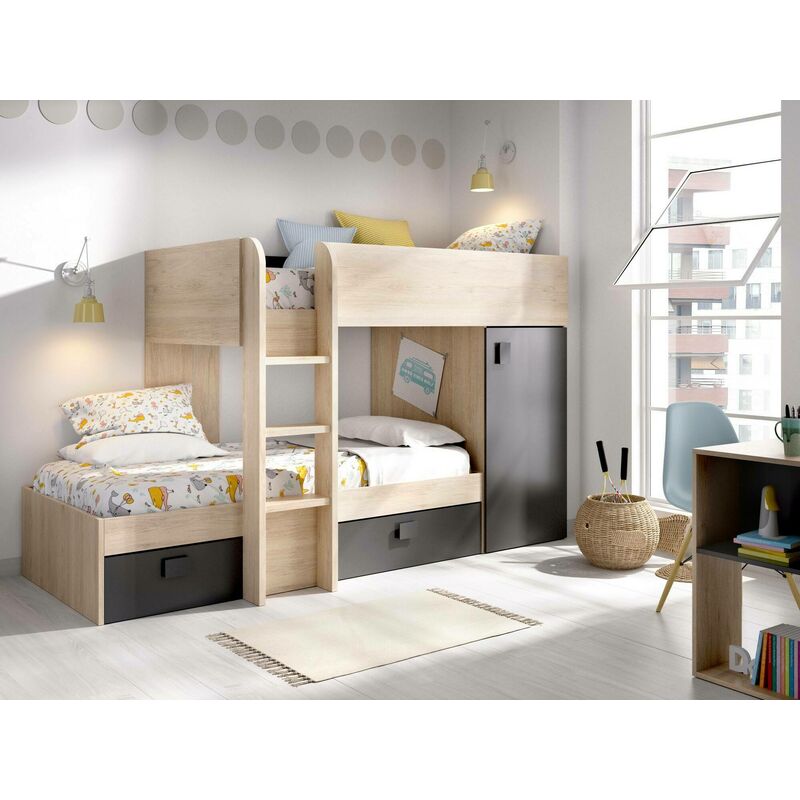 Lit pour enfants Dguerci, Chambre complète avec armoire et tiroirs, Composition de lits superposés avec deux lits simples, 255x112h150 cm, Chêne et