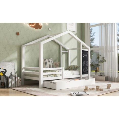 Lit pour enfants ou lit de maison, dimensions : 90 x 200 cm. Lit en bois, avec un dessus-de-lit et 2 tiroirs. Bois massif, avec cadre et sommier en planches. Couleur blanche (sans matelas).