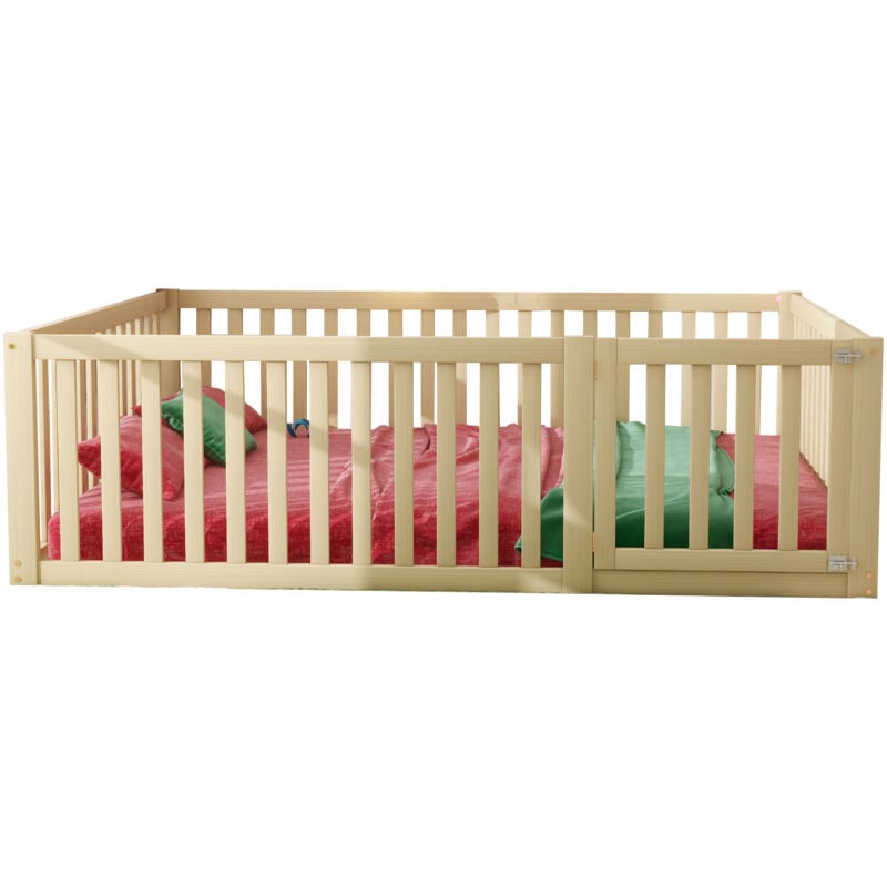 Liberté - Lit pour enfants simple 140x200, cadre de lit avec barrières et porte, bois