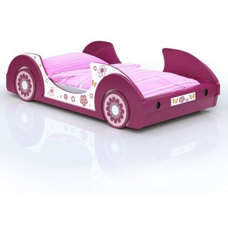 Lit pour enfants Voiture de sport de couleur rose.