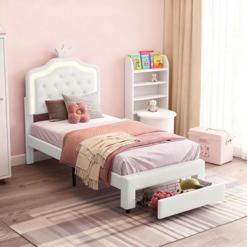 Lit princesse 90x200, Lit enfant 90x200cm avec tiroir, cadre de lit avec LED, lit de princesse en forme de couronne, PU, Blanc