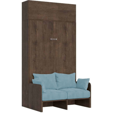 Lit queen-size escamotable Kentaro 120 cm avec canapé et élément mural en noyer, bleu clair