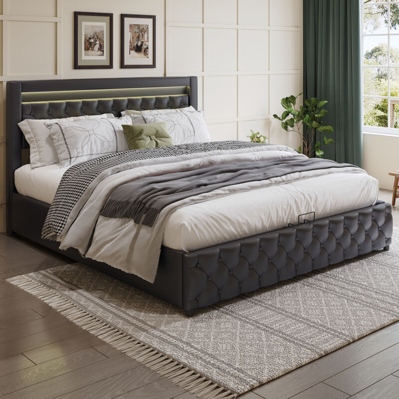 Okwish - Lit rcoffre 180 x 200 cm, lit double avec sommier à lattes, rangement, tiroirs, bande lumineuse led et rangement, en pu, noir