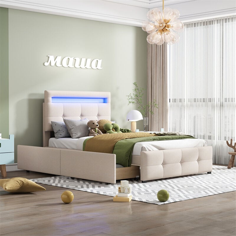 Fortuna Lai - Lit simple 90x200cm - Lit enfant capitonné avec 2 tiroirs, sommier à lattes et tête de lit led - Lin Beige