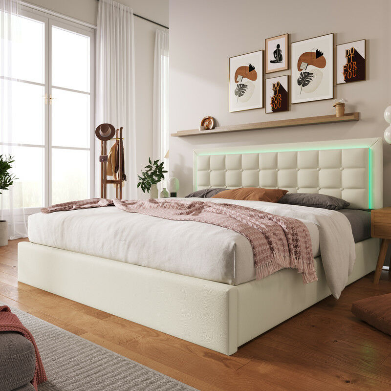Lit rembourré avec sommier à lattes et rangement, lit double avec bande LED, cadre de lit 160x200 cm, blanc