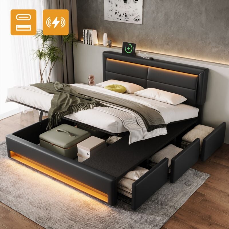 Okwish - Lit rembourré 160 x 200 cm, lit hydraulique avec port usb (prend en charge la recharge sans fil et filaire), avec éclairage led et 3