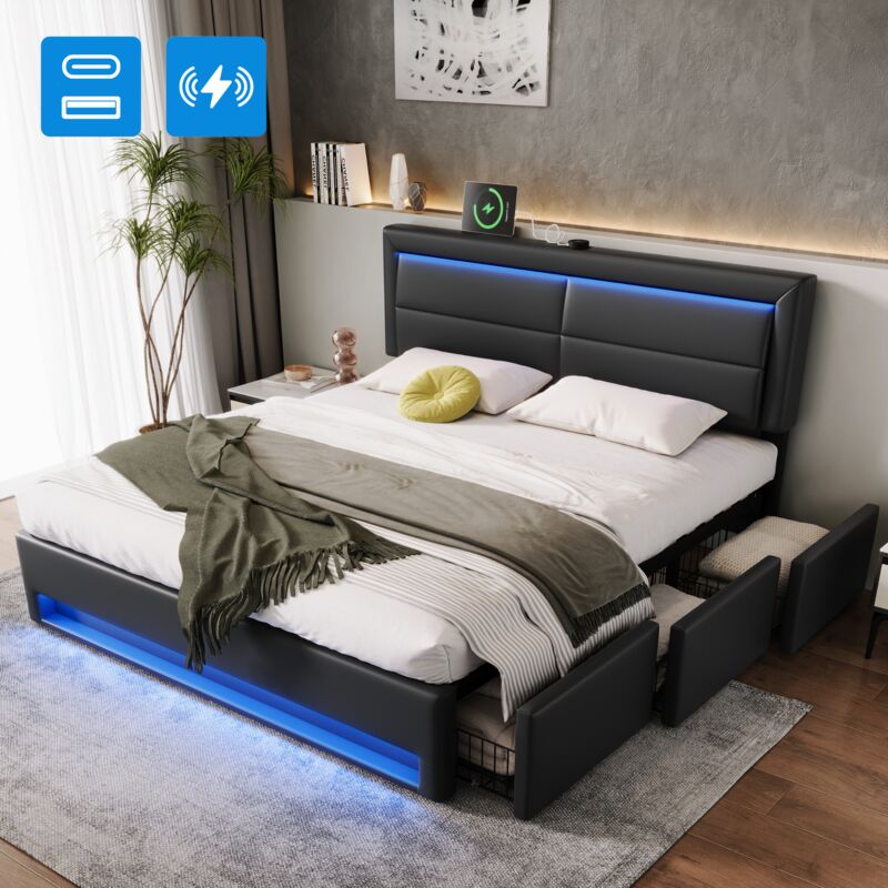 Okwish - Lit rembourré 180x200 cm, lit double, lit adulte avec port usb, éclairage led et 3 tiroirs, sans matelas, en pu, noir