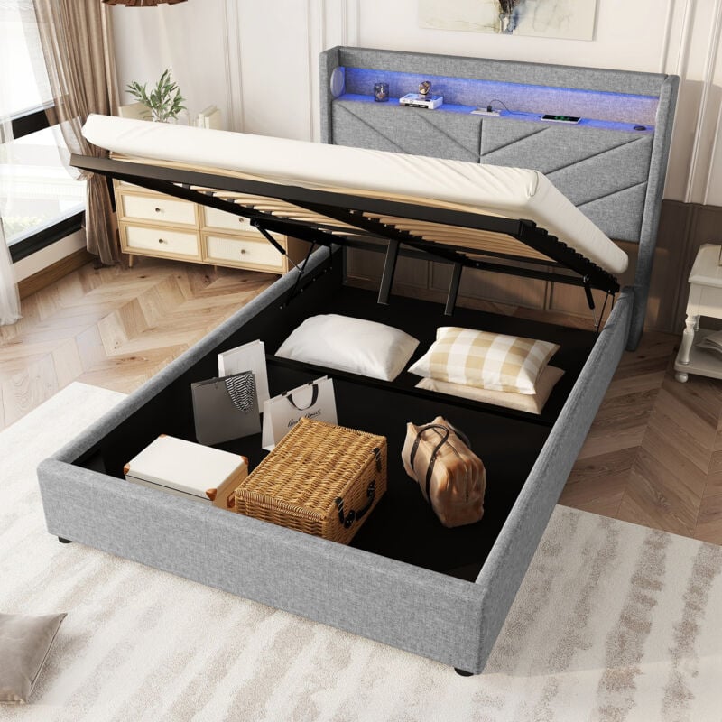 Redom - Lit rembourré, 140 x 190 cm, sans matelas, éclairage d'ambiance avec télécommande, lit avec hydraulique, avec usb et chaîne stéréo, lin, gris