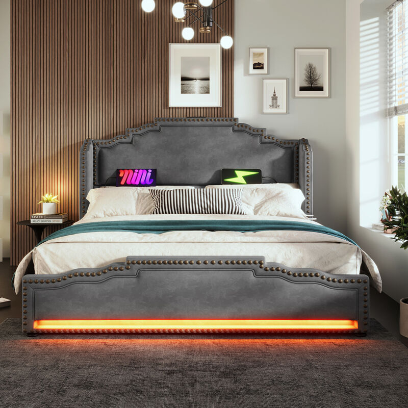 Lit rembourré 140 x 200, avec 4 tiroirs, éclairage LED et port de charge USB-C, lit de rangement, velours, gris