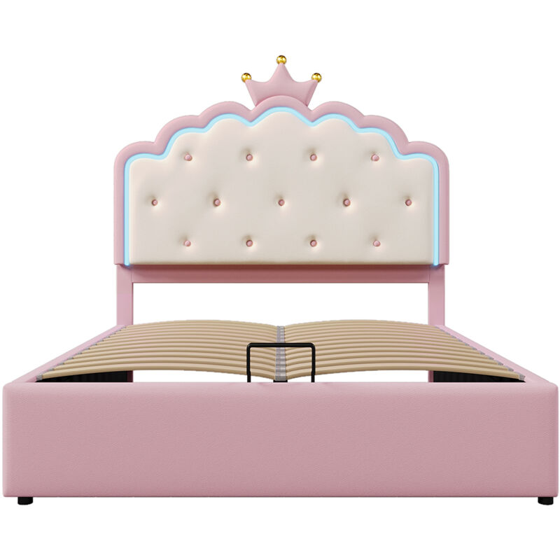 Lit rembourré 140 x 200 cm, avec éclairage d'ambiance à distance, couronne de forme princesse, rose