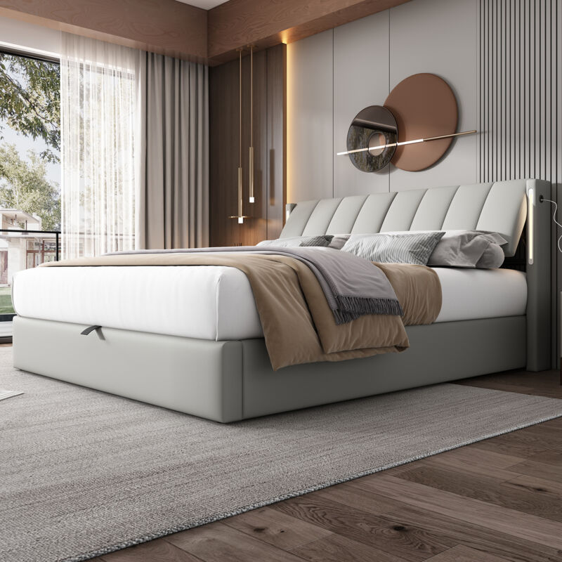 Gutent - Lit Rembourré 140 x 200 Cm, Avec Éclairage led, Espace De Rangement, Port usb Rechargeable, Gris