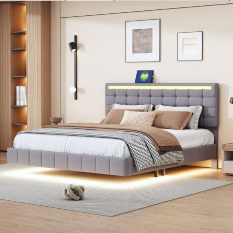 Lit rembourré 140 x 200 cm, avec LED et USB, tête de lit réglable en hauteur, cadre de lit flottant, lit double, lit adulte, lit ado, avec sommier à lattes, lin, gris (livraison locale)
