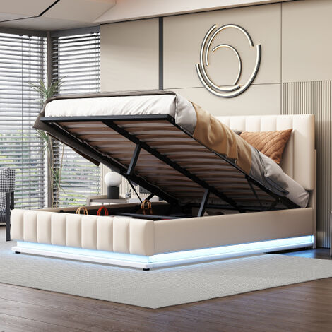 Lit rembourré 140 x 200 cm avec LED, sommier métallique à lattes & coffre de lit, lit double avec tête rembourrée réglable en hauteur & espace de rangement hydraulique, blanc(sans matelas)