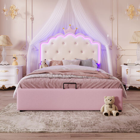 Lit rembourré 140 x 200 cm, avec lumière d'ambiance télécommandée, couronne de forme princesse, PU, rose