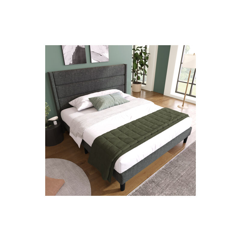 Lit rembourré 140 x 200 cm, cadre de lit avec sommier à lattes & tête de lit, lit double rembourré, housse textile en lin gris foncé, design moderne