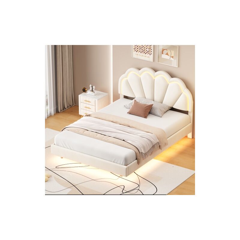 Lit rembourré 140 x 200 cm, cadre de lit flottant rembourré avec lumières led et tête de lit design, lit double plat, lit d'appoint en tissu velours