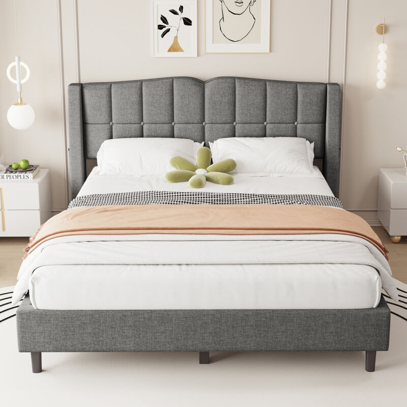 Okwish - Lit rembourré 140 x 200 cm, lit avec sommier à lattes (sans matelas), forme de tête de lit unique, design boutons, sac de rangement, lin,