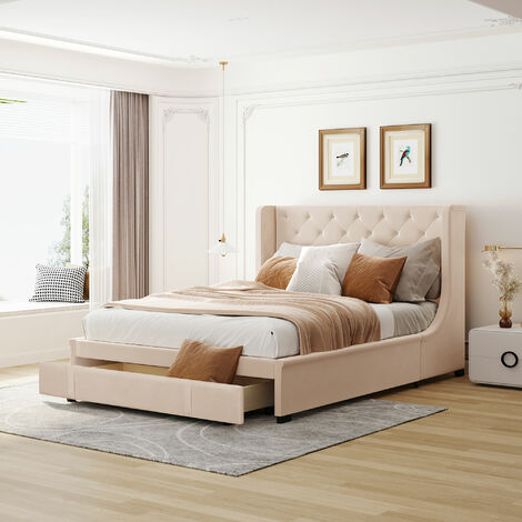 Lit rembourré 140 x 200 cm, lit double avec sommier à lattes, dossier et grands tiroirs, lit double adulte et jeune en tissu pro-lin, beige (matelas non inclus)