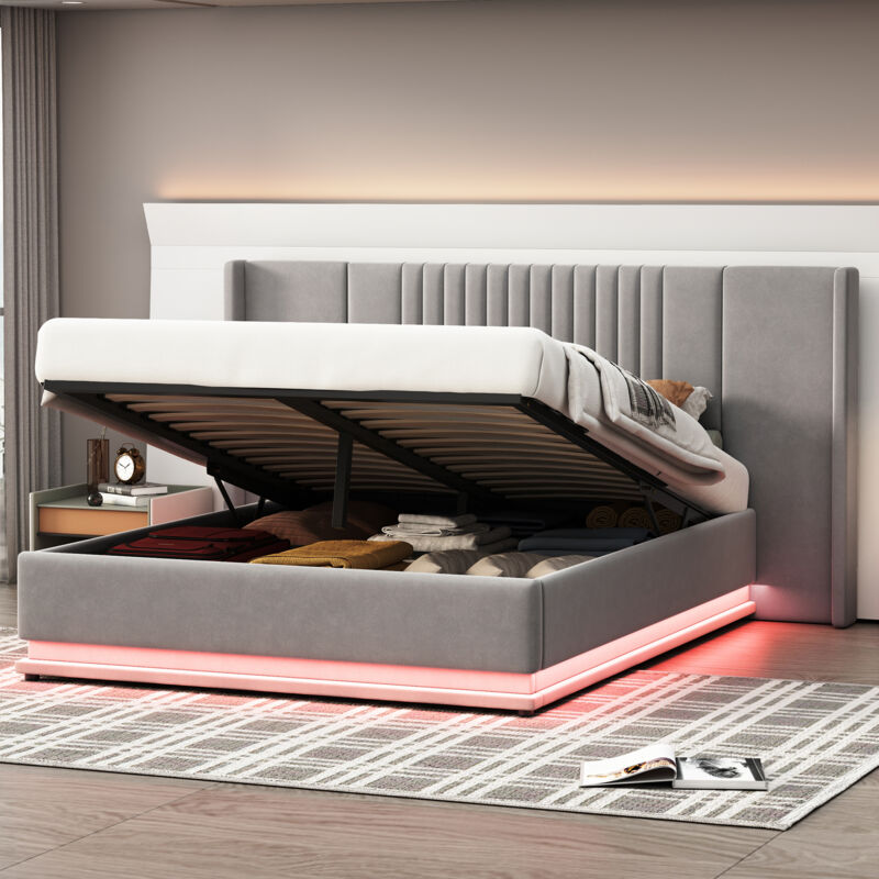 Redom - Lit coffre 140 x 200 cm, lit adulte avec led, tête de lit et dossier allongés, mdf, gris(sans matelas)