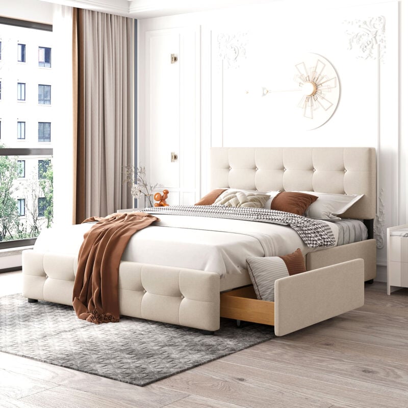 Okwish - Lit rembourré 140x200 cm lit double avec sommier à lattes, dossier et grand tiroir, en tissu, beige, sans matelas