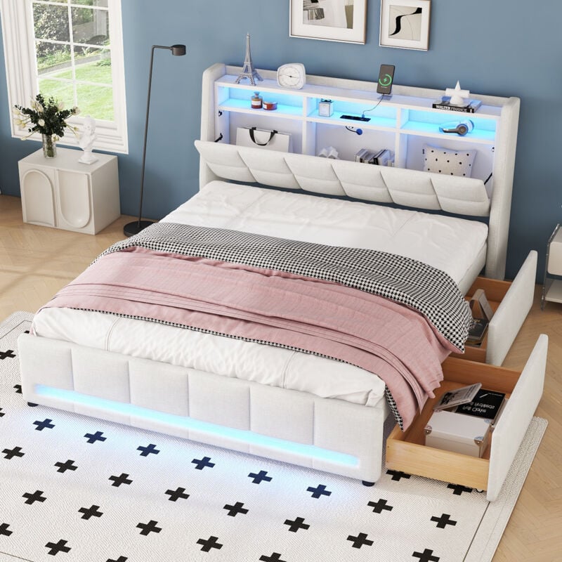 Lit adulte 140x200 cm lit double rembourré, lit avec tiroirs, éclairage led, prise usb et compartiments de rangement, tissu en lin beige, sans matelas