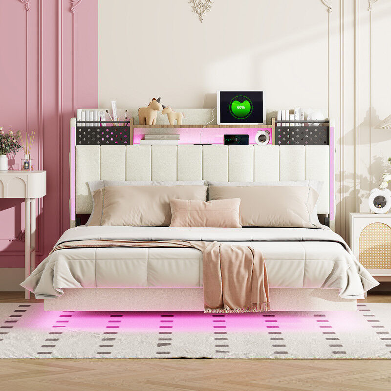 Sureh - Lit rembourré, 140 x 200, lit double avec éclairage led et port usb, lit plat au design moderne et simple avec tête de lit de rangement,